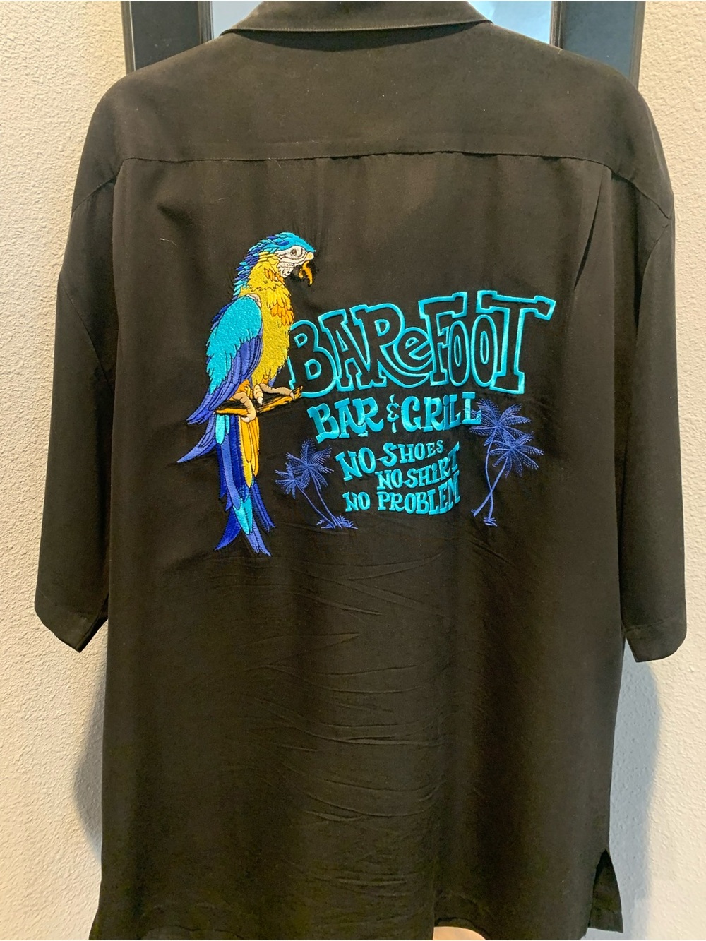 Black Men’s Embroidered button down Shirt with Tropical Parrot Graphic
